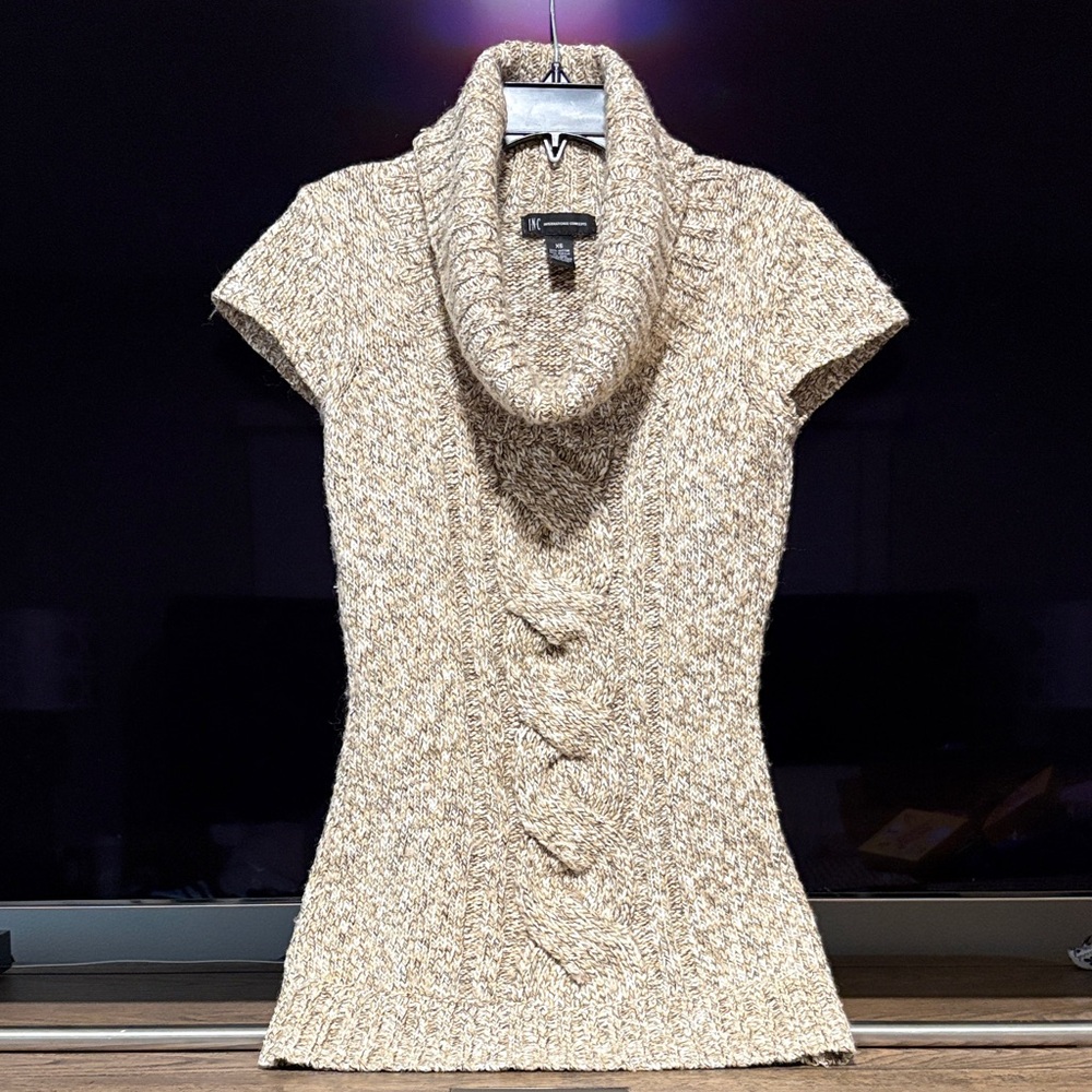 INC Tan Cowl Neck Short Sleeve Sweater Tunic